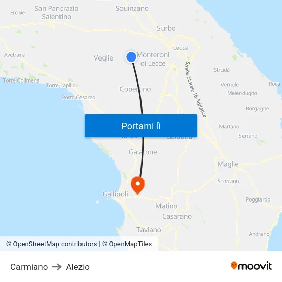 Carmiano to Alezio map