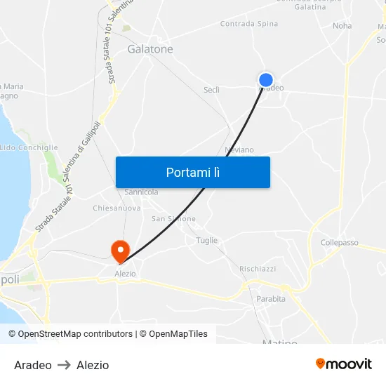 Aradeo to Alezio map
