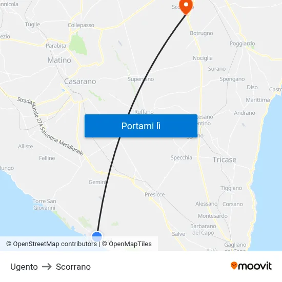 Ugento to Scorrano map