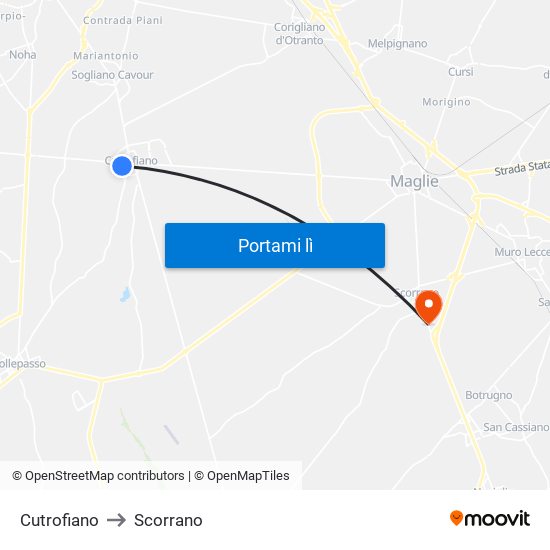 Cutrofiano to Scorrano map