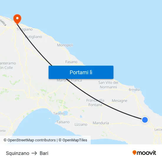 Squinzano to Bari map