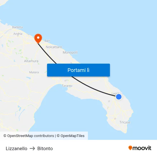 Lizzanello to Bitonto map