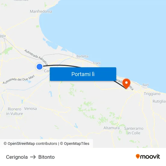 Cerignola to Bitonto map