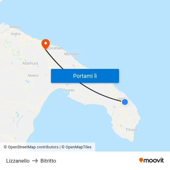 Lizzanello to Bitritto map