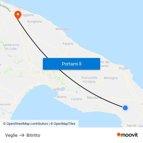 Veglie to Bitritto map