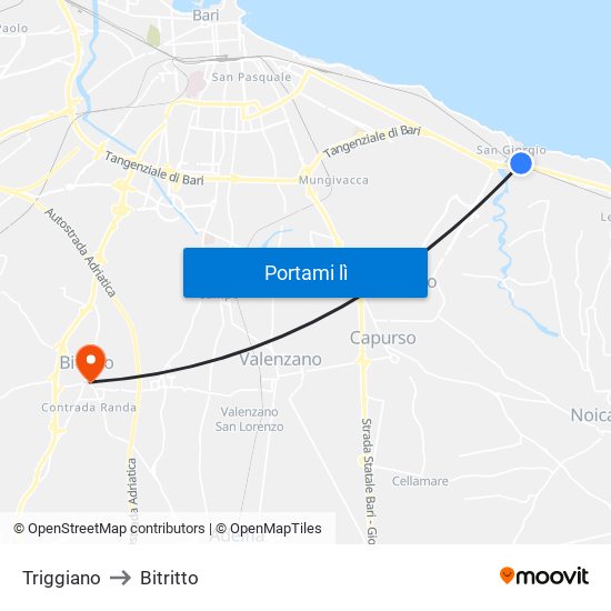 Triggiano to Bitritto map