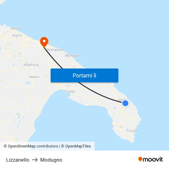 Lizzanello to Modugno map