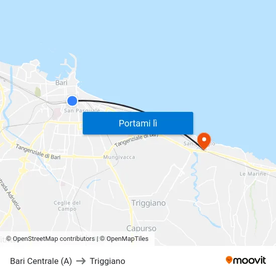 Bari Centrale (A) to Triggiano map
