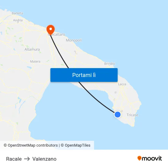Racale to Valenzano map