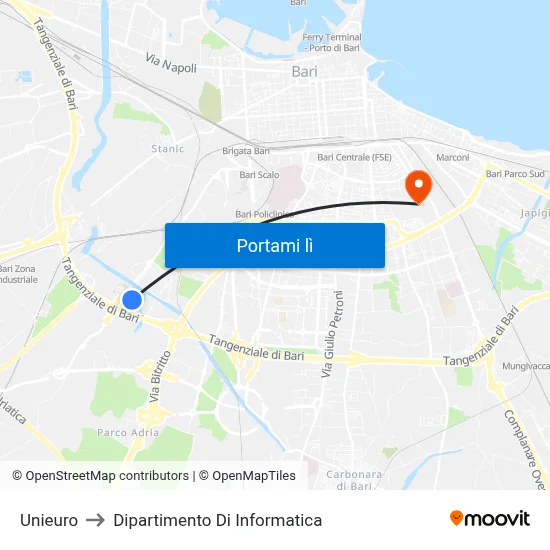 Unieuro to Dipartimento Di Informatica map
