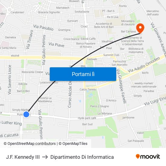 J.F. Kennedy III to Dipartimento Di Informatica map