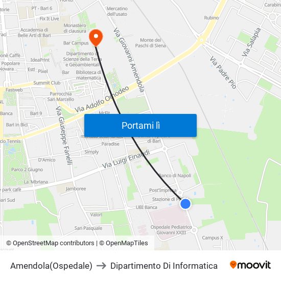 Amendola(Ospedale) to Dipartimento Di Informatica map