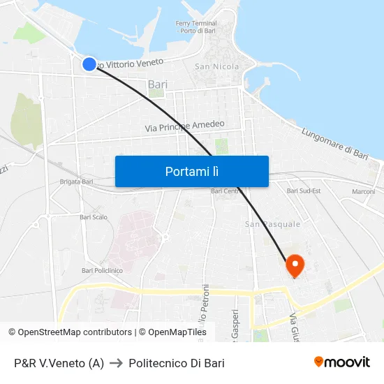 P&R V.Veneto (A) to Politecnico Di Bari map