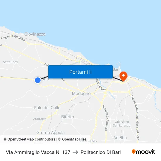 Via Ammiraglio Vacca N. 137 to Politecnico Di Bari map