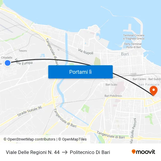 Viale Delle Regioni N. 44 to Politecnico Di Bari map