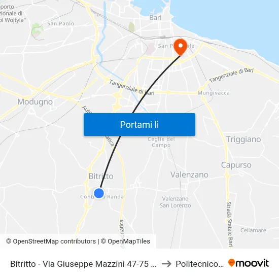 Bitritto - Via Giuseppe Mazzini 47-75 - Cap. (Dir. Adelfia) to Politecnico Di Bari map