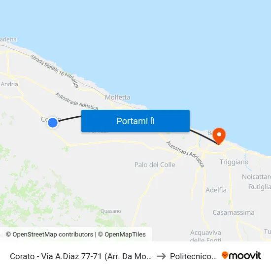 Corato - Via A.Diaz 77-71 (Arr. Da Molfetta - Capolinea) to Politecnico Di Bari map