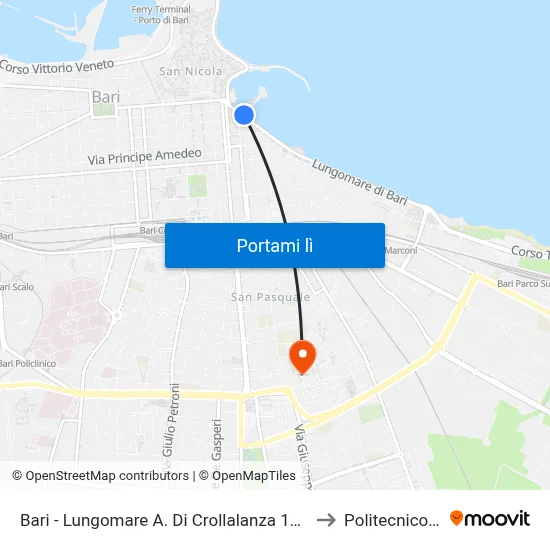 Bari - Lungomare A. Di Crollalanza 15 (Cap. Mola-Bari) to Politecnico Di Bari map