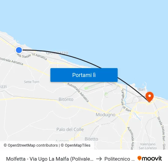 Molfetta - Via Ugo La Malfa (Polivalente) - Capolinea to Politecnico Di Bari map
