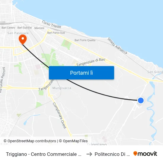 Triggiano - Centro Commerciale Bariblù to Politecnico Di Bari map