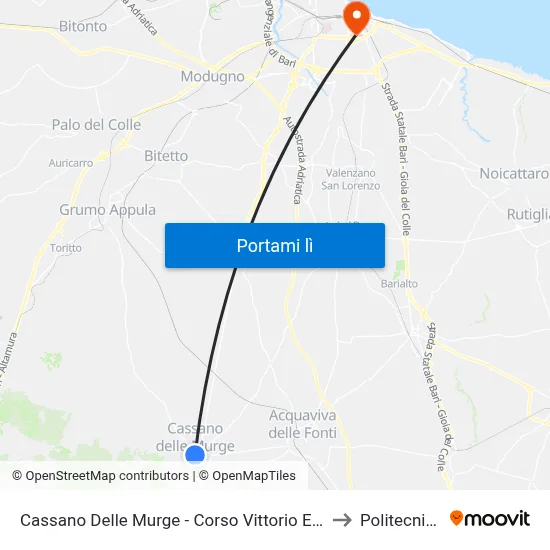 Cassano Delle Murge - Corso Vittorio Emanuele III 1 (Cap Da Bari Zi) to Politecnico Di Bari map