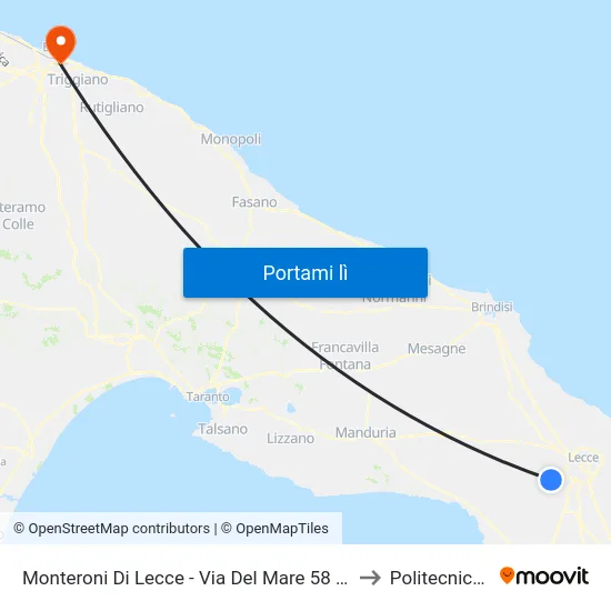 Monteroni Di Lecce - Via Del Mare 58 (Casa Dello Studente) to Politecnico Di Bari map