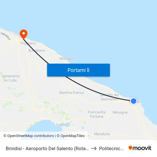 Brindisi - Aeroporto Del Salento (Rotatoria "Aeroplanino") to Politecnico Di Bari map