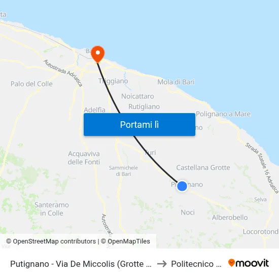 Putignano - Via De Miccolis (Grotte Di Putignano) to Politecnico Di Bari map