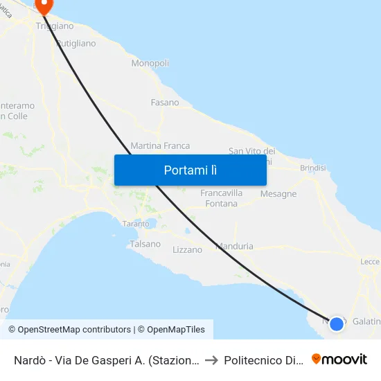 Nardò - Via De Gasperi A. (Stazione Città) to Politecnico Di Bari map