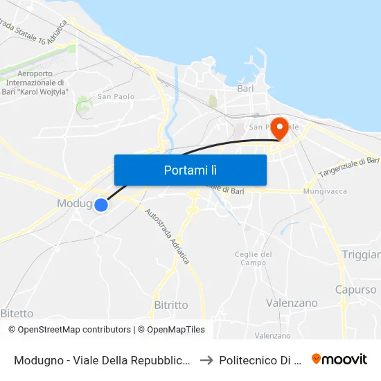 Modugno - Viale Della Repubblica 50b to Politecnico Di Bari map
