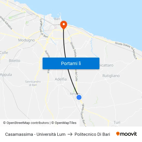 Casamassima - Università Lum to Politecnico Di Bari map