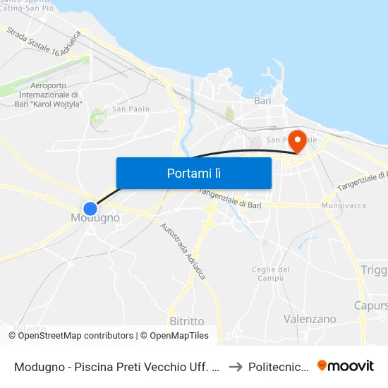 Modugno - Piscina Preti Vecchio Uff. Poste Italiane Part. Inv. to Politecnico Di Bari map