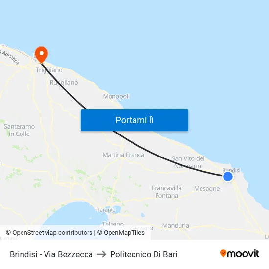 Brindisi - Via Bezzecca to Politecnico Di Bari map