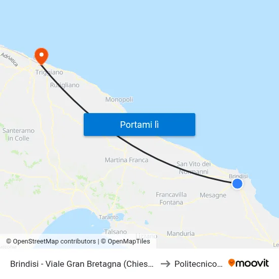 Brindisi - Viale Gran Bretagna (Chiesa) - Dir. Capolinea to Politecnico Di Bari map