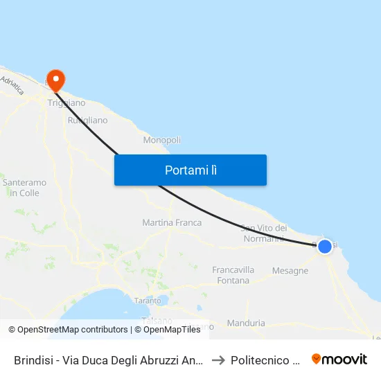 Brindisi - Tuturano - Via Adua to Politecnico Di Bari map