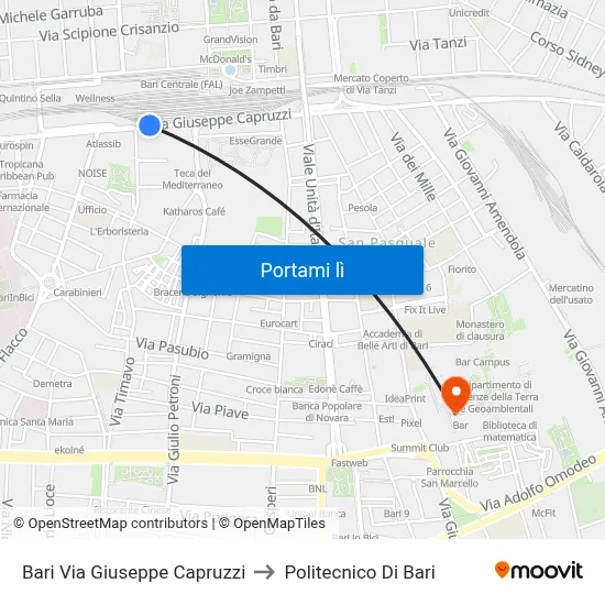 Bari Via Giuseppe Capruzzi to Politecnico Di Bari map