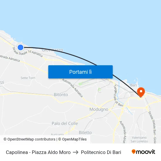 Capolinea - Piazza Aldo Moro to Politecnico Di Bari map