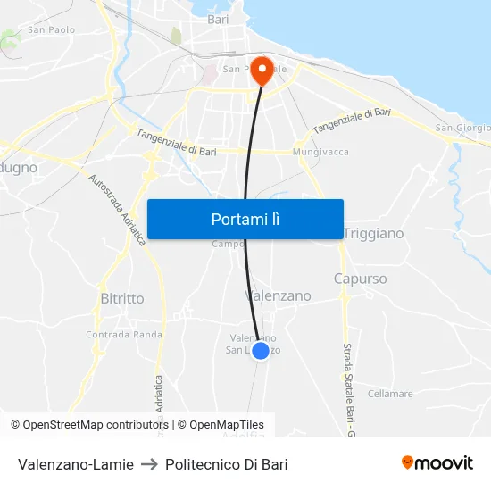 Valenzano-Lamie to Politecnico Di Bari map