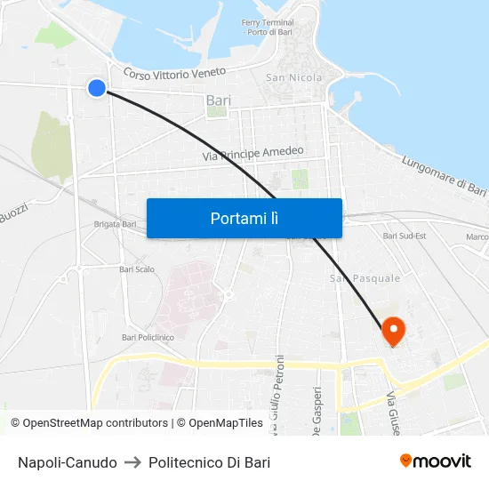 Napoli-Canudo to Politecnico Di Bari map