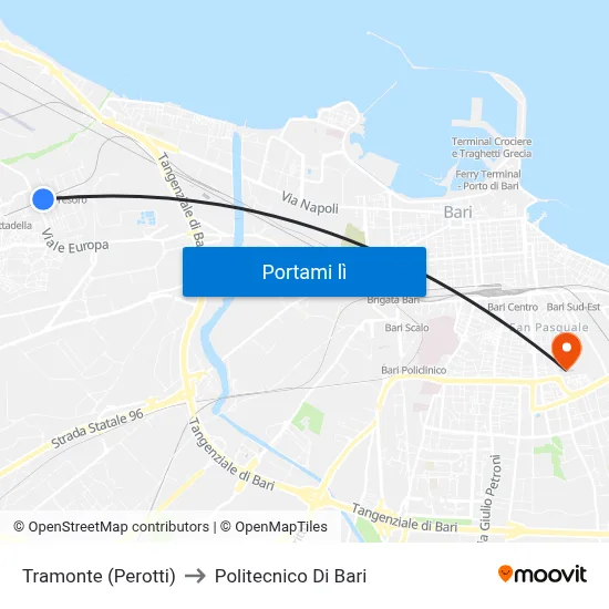 Tramonte (Perotti) to Politecnico Di Bari map