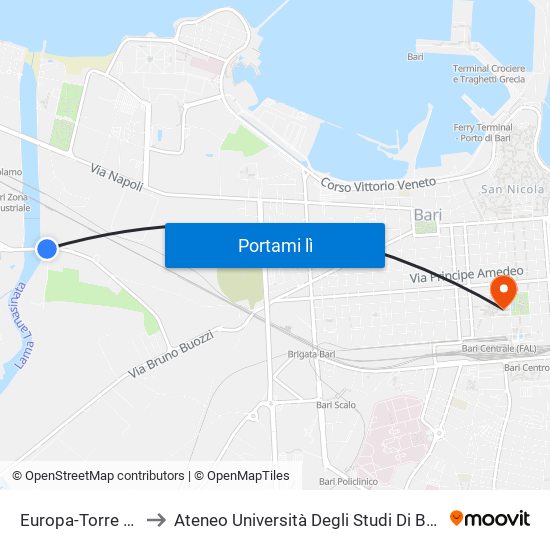 Europa-Torre Dei Cani to Ateneo Università Degli Studi Di Bari ""Aldo Moro"" map