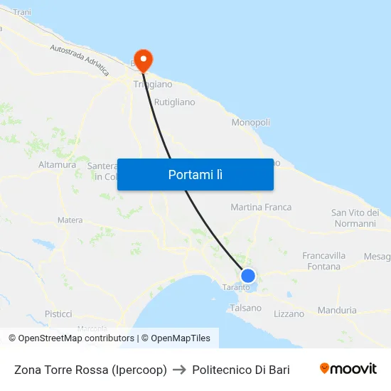 Zona Torre Rossa (Ipercoop) to Politecnico Di Bari map