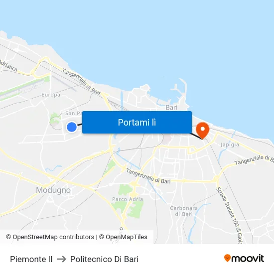 Piemonte II to Politecnico Di Bari map