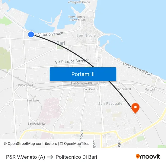P&R V.Veneto (A) to Politecnico Di Bari map