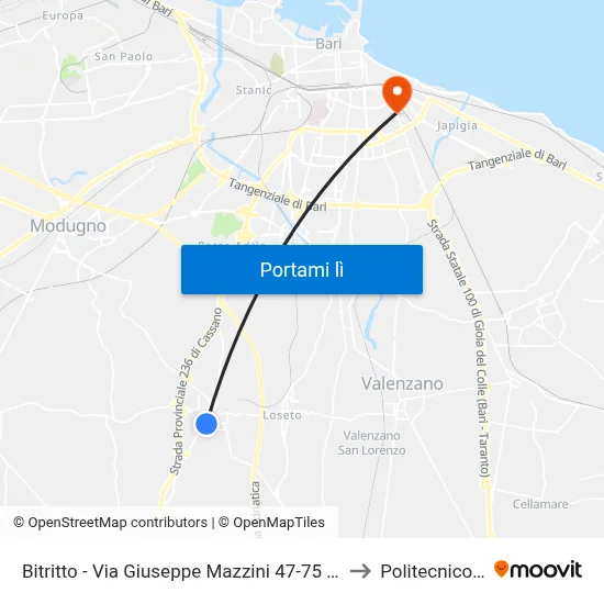 Bitritto - Via Giuseppe Mazzini 47-75 - Cap. (Dir. Adelfia) to Politecnico Di Bari map