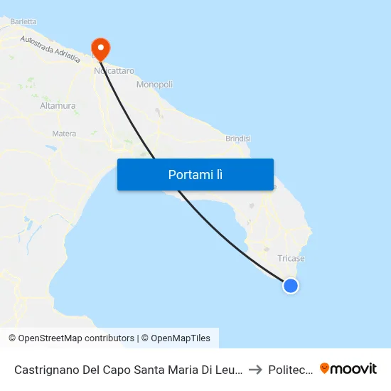 Castrignano Del Capo Santa Maria Di Leuca - Piazzale Le Terrazze (Lungomare C.Colombo) to Politecnico Di Bari map