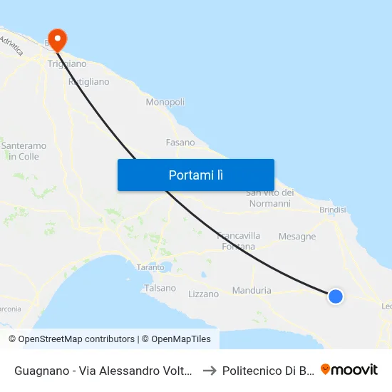 Guagnano - Via Alessandro Volta 62 to Politecnico Di Bari map