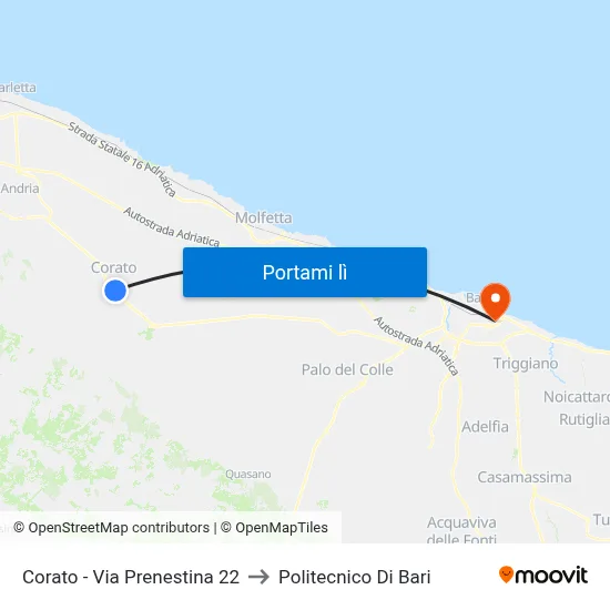 Corato - Via Prenestina 22 to Politecnico Di Bari map