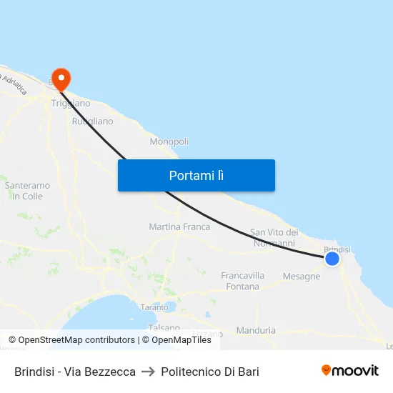 Brindisi - Via Bezzecca to Politecnico Di Bari map