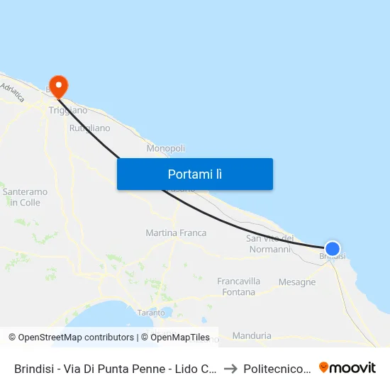 Brindisi - Via Di Punta Penne - Lido Cavallino Bianco 2 to Politecnico Di Bari map